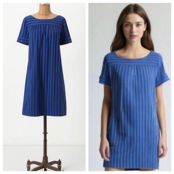 Anthropologie HD in Paris Cerulean Blue Striped Shift Dress pockets size 00 - Picture 1 of 9